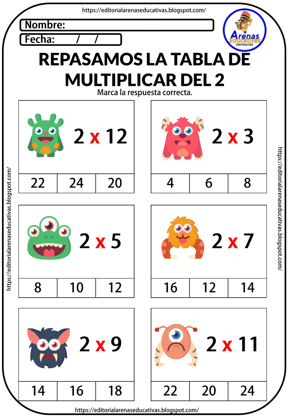 Mixed 2 times table review: students mark the product for 2 x 12, 2 x 3, 2 x 5, 2 x 7, 2 x 9 and 2 x 11 in multiple choice