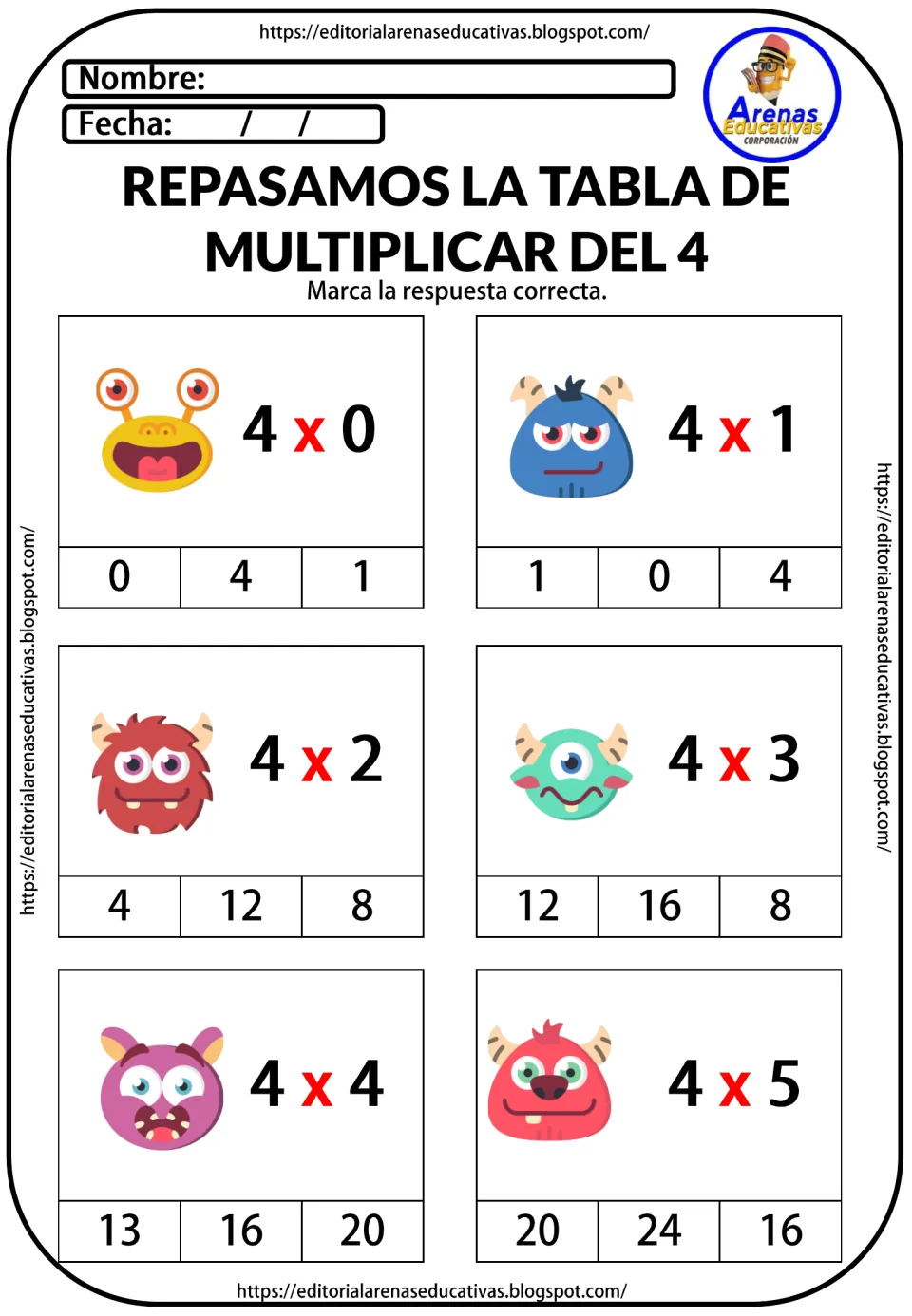 Spanish multiplication-by-4 practice, problems 1–6: facts from 4 × 0 through 4 × 5 with three answer choices.