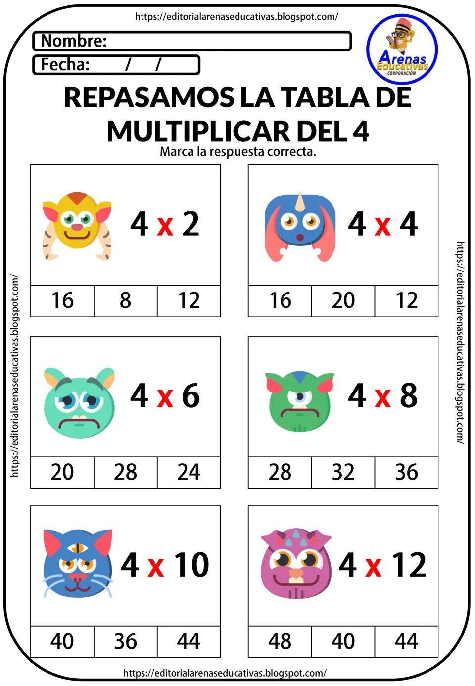Spanish multiplication-by-4 practice, problems 19–24: multiply 4 by 2, 4, 6, 8, 10 and 12; choose each answer.