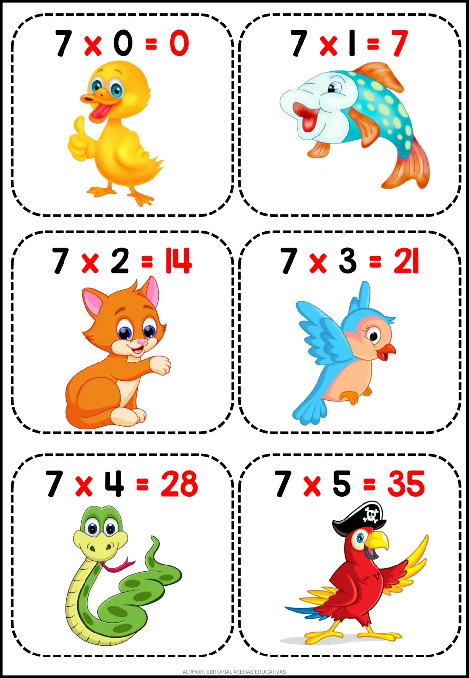 Seven times table facts 7x0=0 through 7x5=35: six cut-out cards, each pairing one fact with a cartoon animal