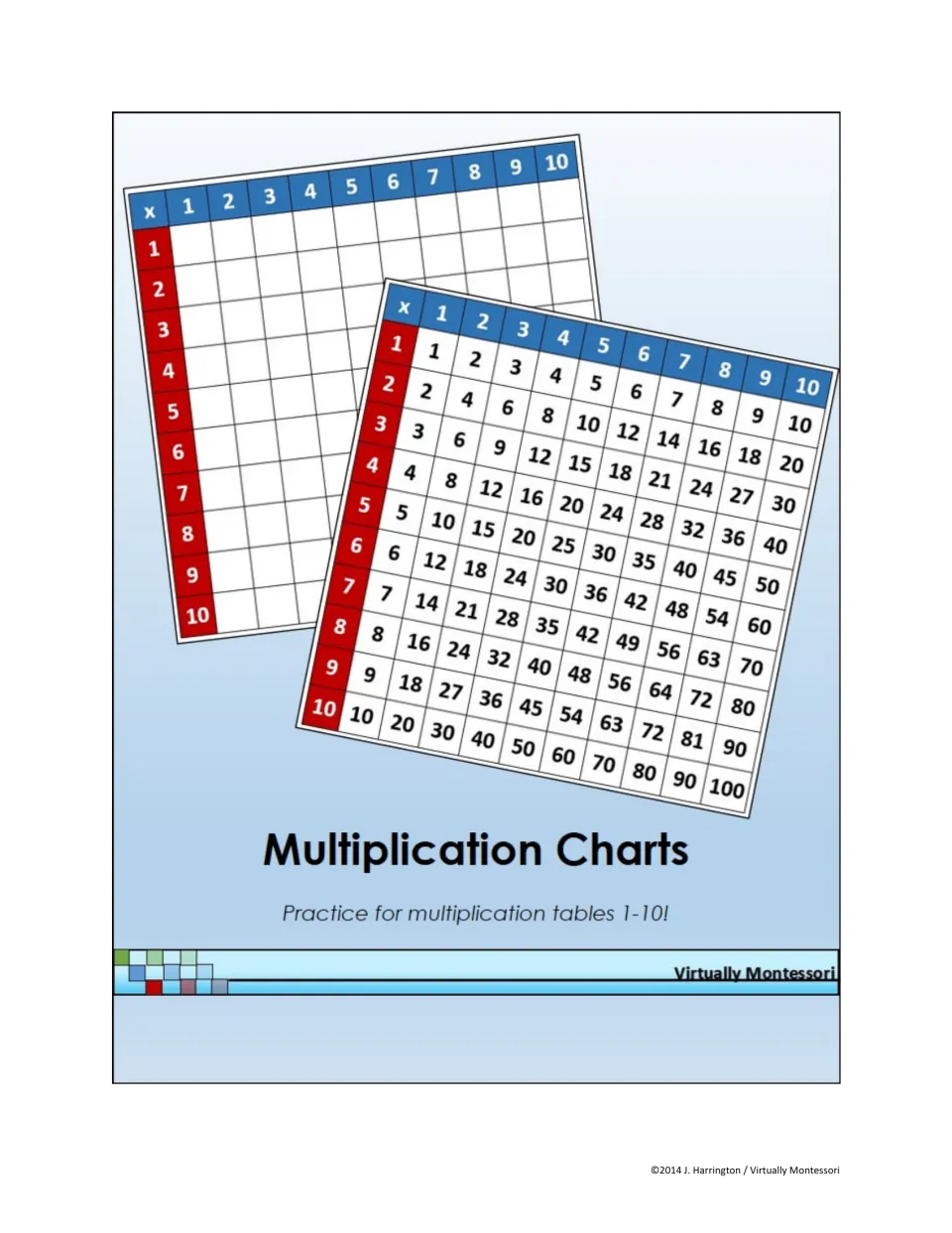 Cover of Multiplication Charts by Virtually Montessori: a blank and a completed 1-10 times table for tables 1-10 practice