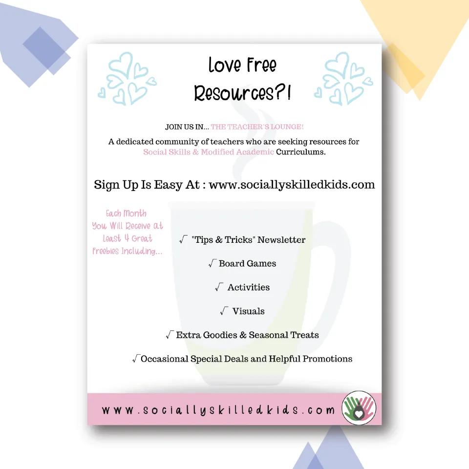 Love Free Resources?! flyer inviting teachers to join The Teacher's Lounge for a monthly newsletter, games and activities