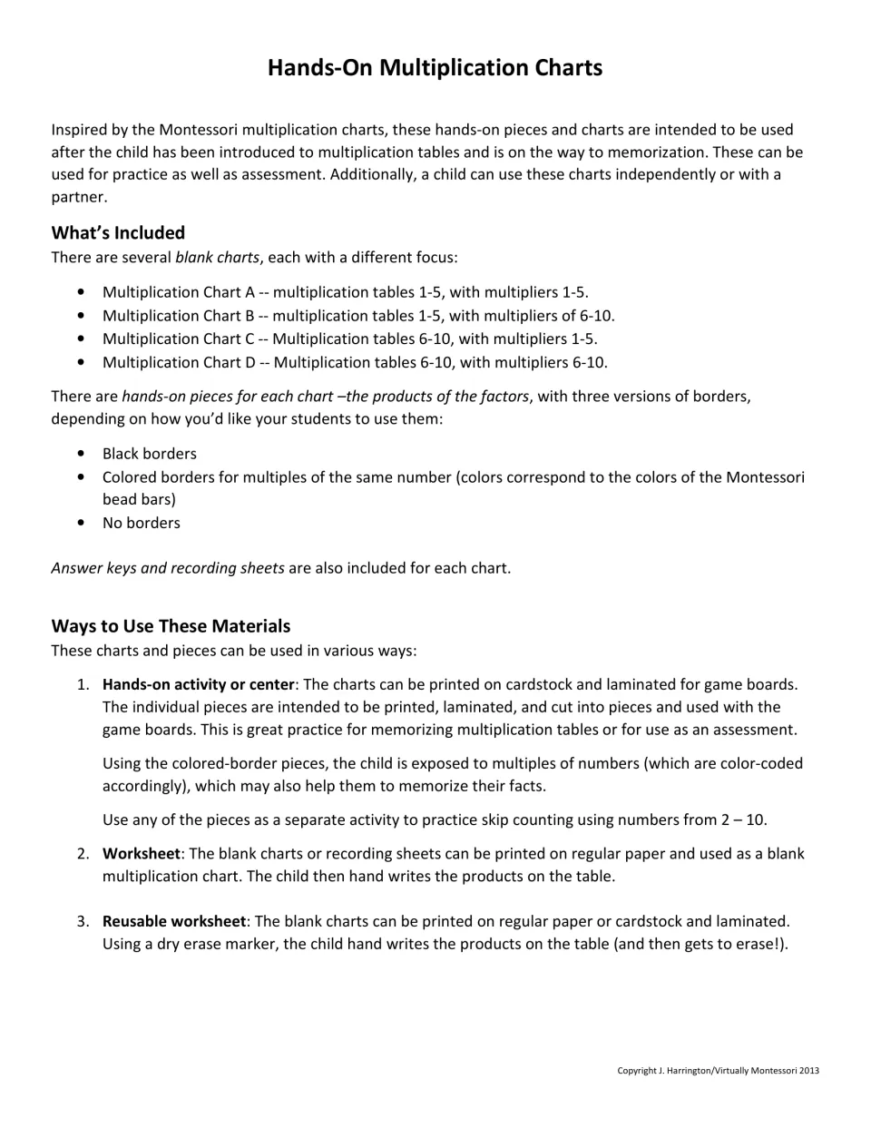 Teacher notes listing Charts A to D, product pieces in three border styles, and use as center, worksheet or dry-erase sheet