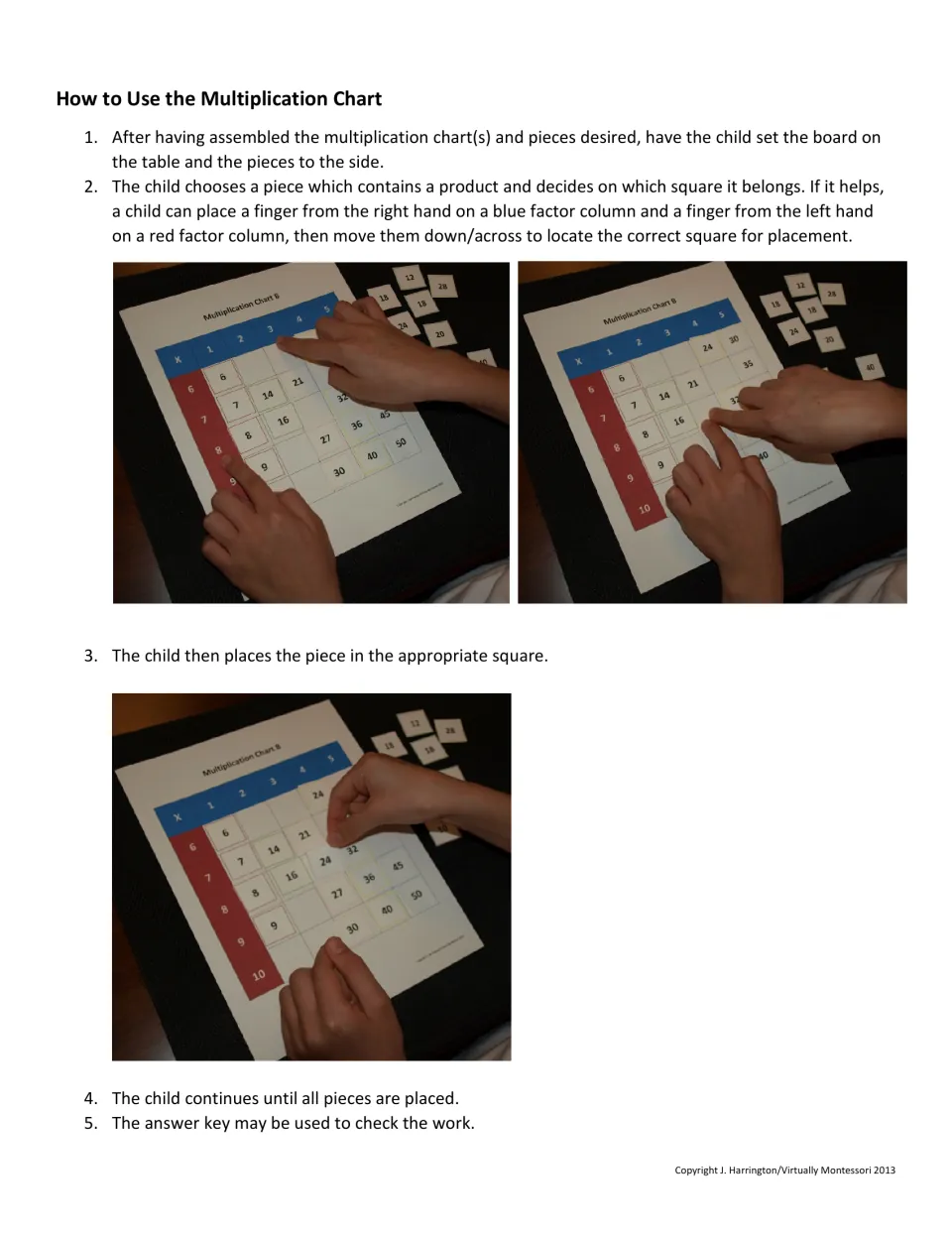 How to use the chart: photos show a child tracing blue and red factor rows to place each product piece on Chart B