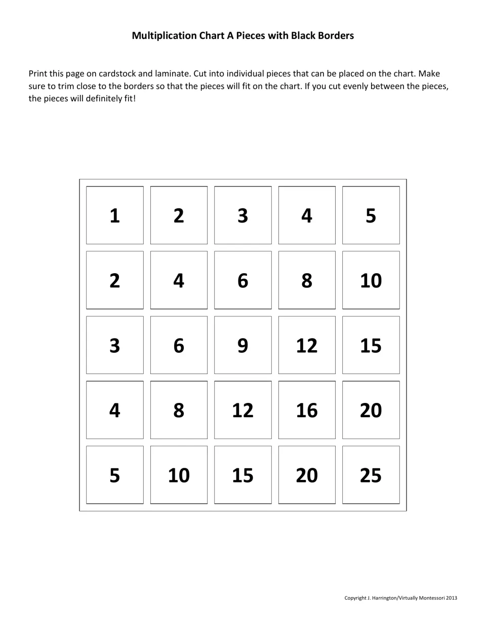 Chart A product pieces with black borders: 25 cut-out squares showing products 1 to 25 for the 1-5 times tables