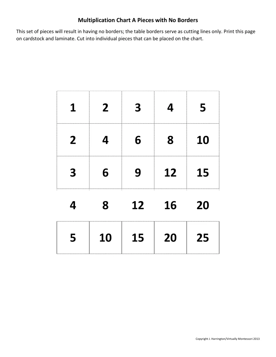 Chart A product pieces with no borders: products 1 to 25 printed for cutting along table edges into plain squares