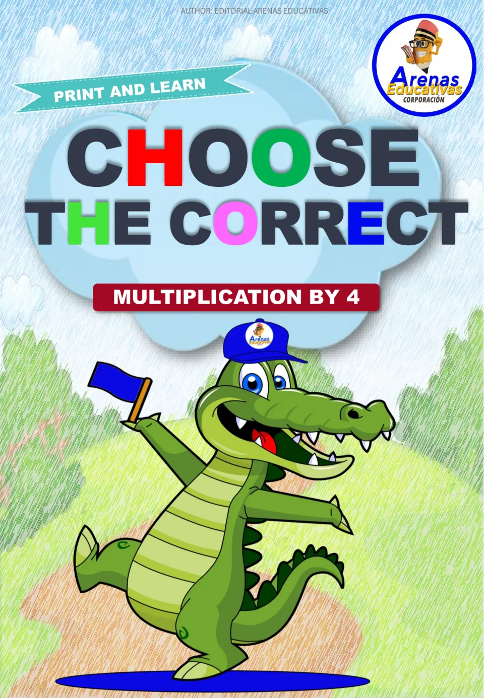 Choose the Correct cover for multiplication by 4 practice, with a Print and Learn banner and a cartoon crocodile