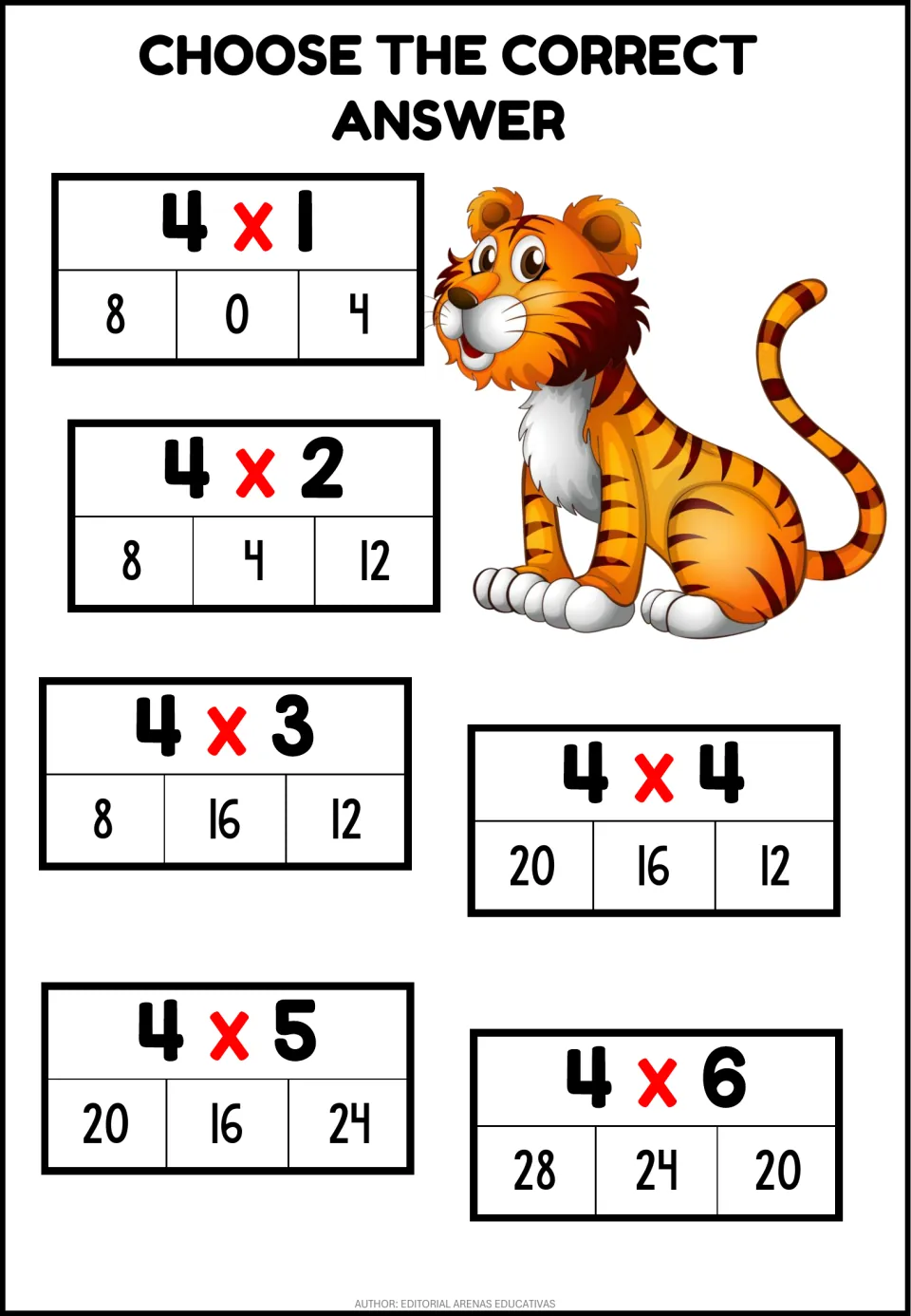 Times-4 facts 4x1 to 4x6: students pick the correct product from three choices on each card, shown beside a tiger