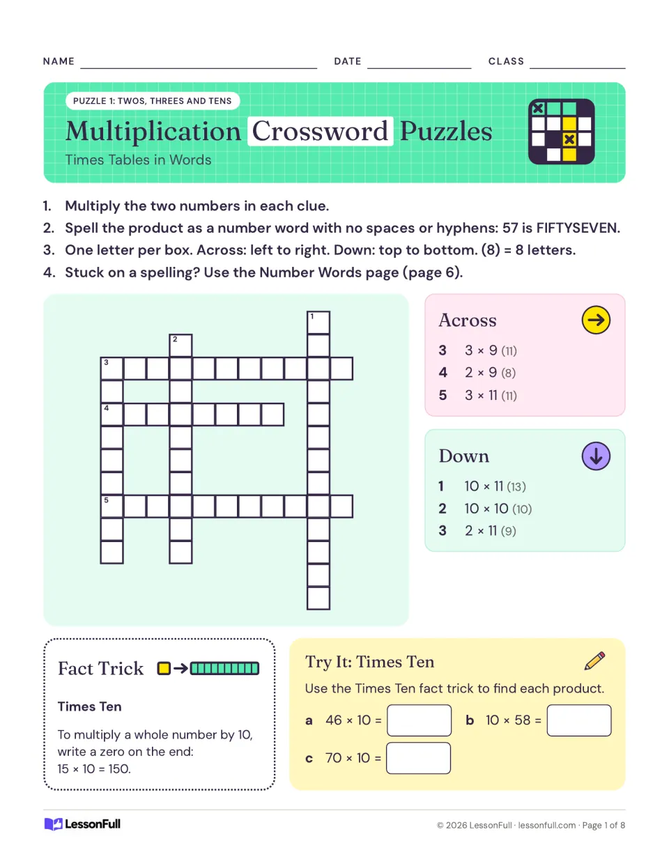 Twos, threes and tens crossword: students multiply each clue and spell the product as a number word