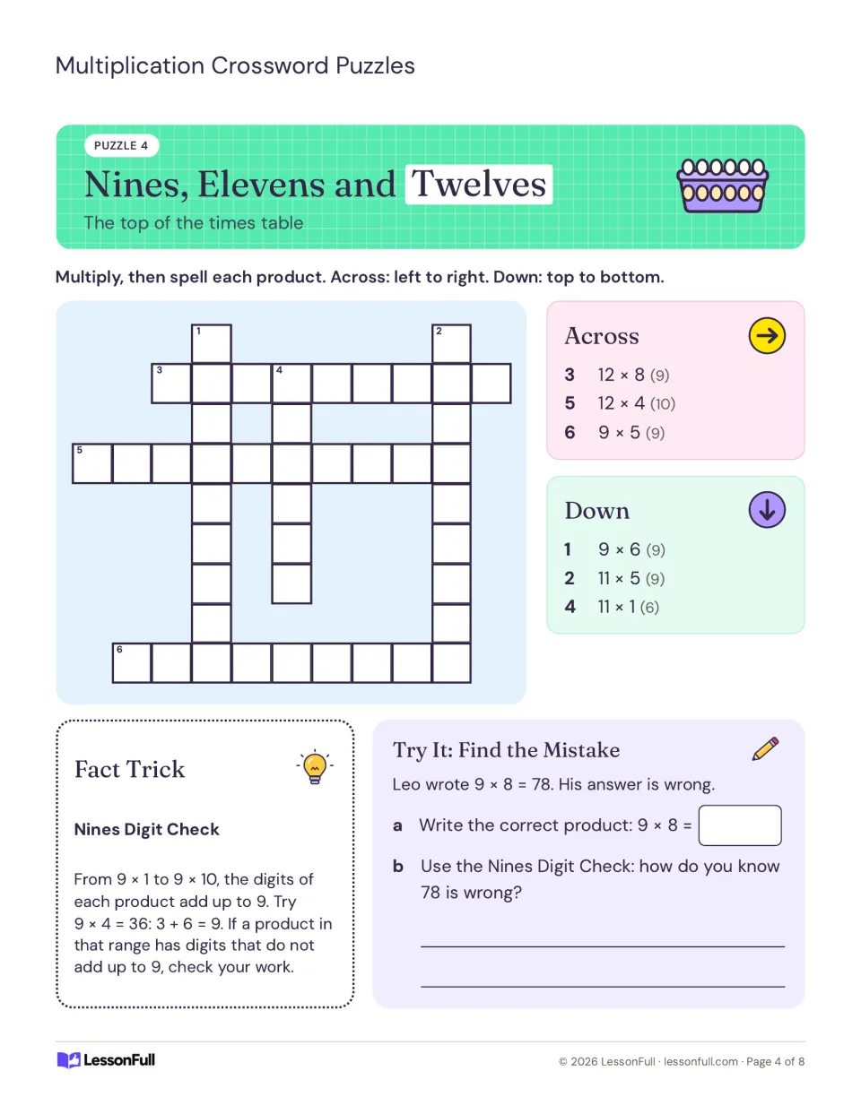 Nines, Elevens and Twelves crossword, plus a find-the-mistake task using the nines digit check on 9 x 8
