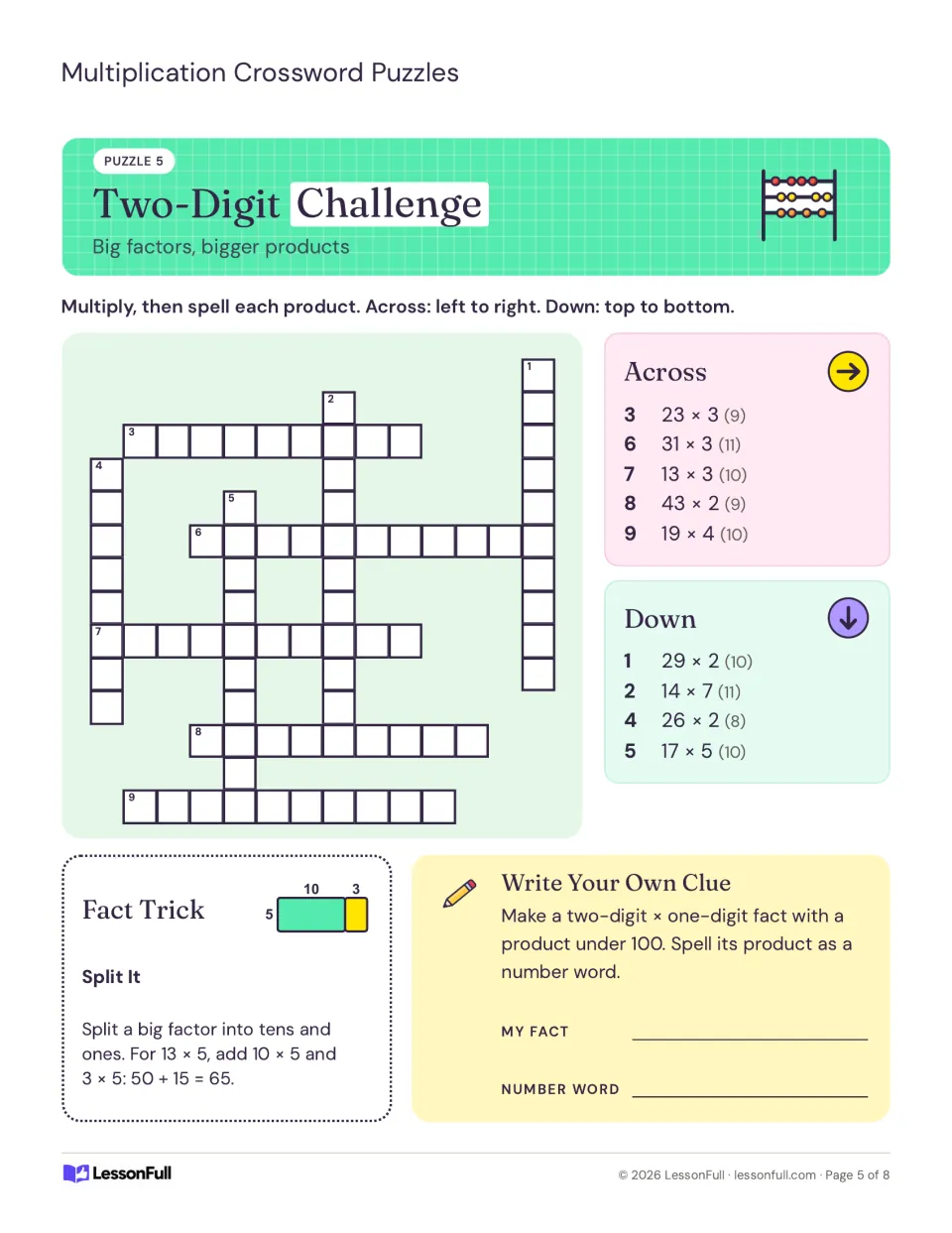 Two-Digit Challenge crossword with clues such as 23 x 3 and 19 x 4, plus a write-your-own-clue task