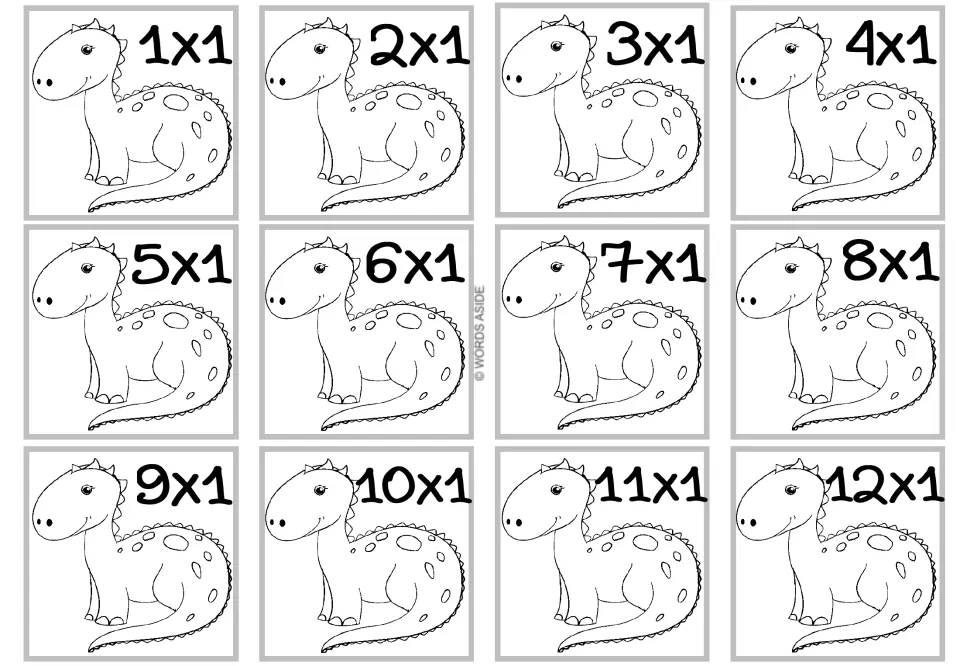 Times 1 facts: 12 cards to color, each with a smiling spotted dinosaur and a fact from 1x1 through 12x1 printed in bold