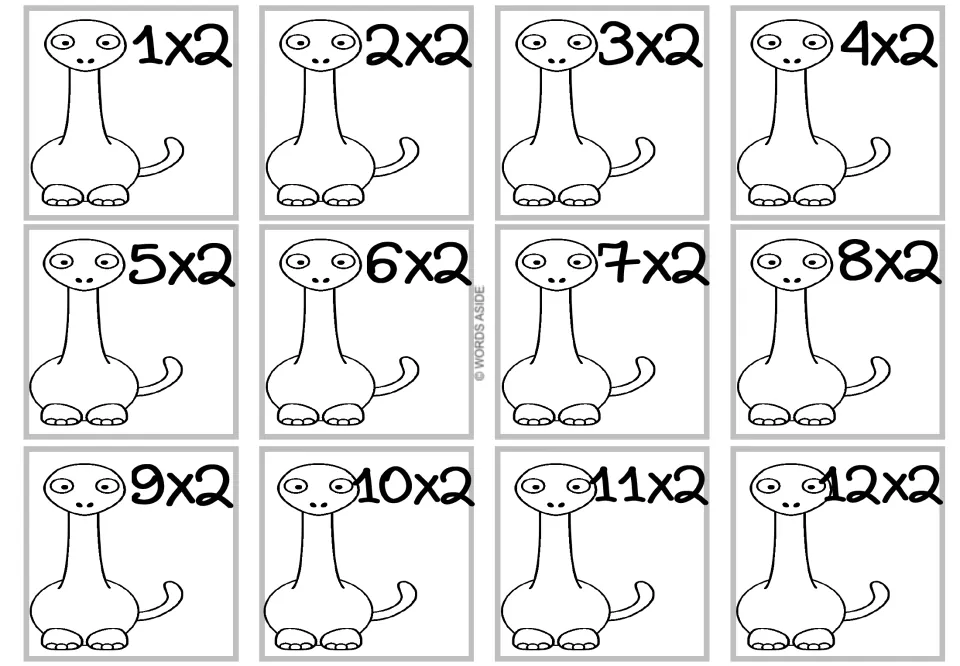 Times 2 facts: 12 coloring cards showing a long-necked, wide-eyed dinosaur, labeled 1x2 up to 12x2 for practising doubles