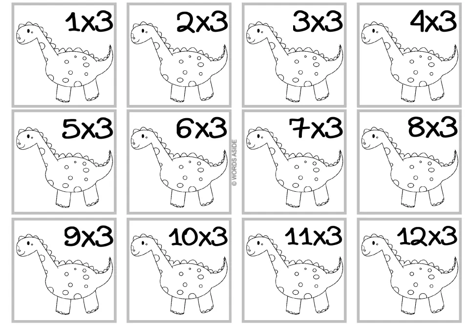Times 3 facts: 12 cards with a spiky-backed dinosaur outline to color, each printed with one fact from 1x3 to 12x3