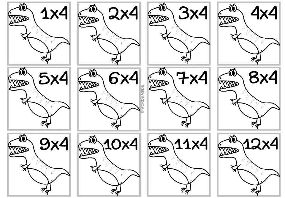 Times 4 facts: 12 coloring cards of a toothy T. rex style dinosaur, numbered 1x4 through 12x4 for fact recall practice