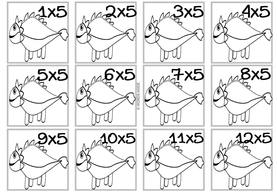 Times 5 facts: 12 cards showing a fish-shaped creature on four legs to color, each labeled with a fact from 1x5 to 12x5