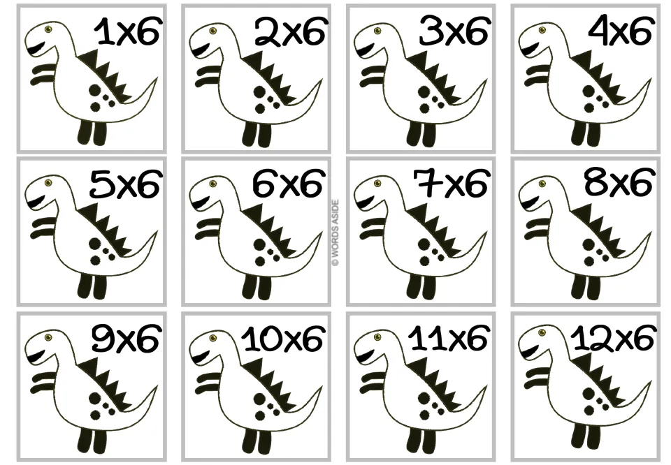 Times 6 facts: 12 coloring cards of a dinosaur with black back spikes and spots, printed 1x6 through 12x6 for multiplying