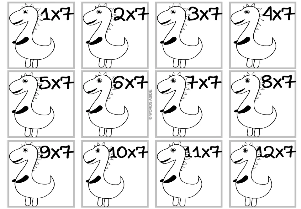 Times 7 facts: 12 cards with a curvy S-shaped dinosaur outline to color, each showing one fact from 1x7 to 12x7