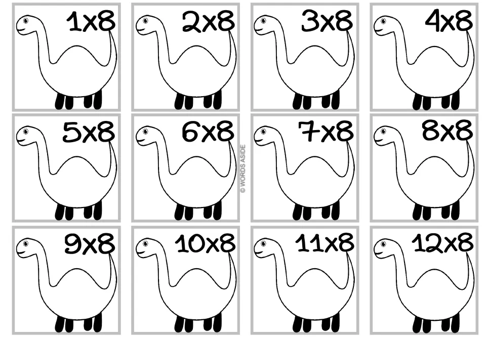 Times 8 facts: 12 coloring cards featuring a round long-necked dinosaur with black legs, labeled 1x8 up to 12x8