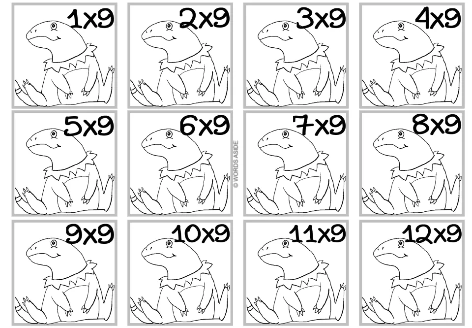 Times 9 facts: 12 cards with a sitting frilled lizard-like dinosaur to color, each printed with a fact from 1x9 to 12x9