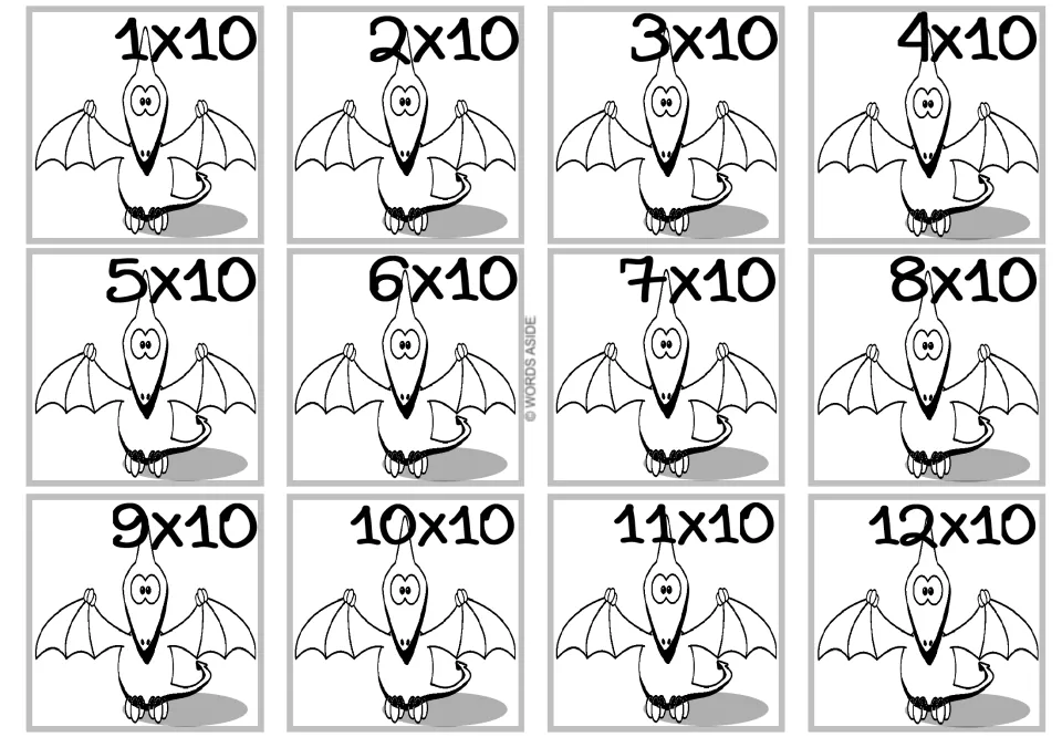 Times 10 facts: 12 coloring cards of a pterodactyl with spread wings, labeled 1x10 through 12x10 for multiplying by tens