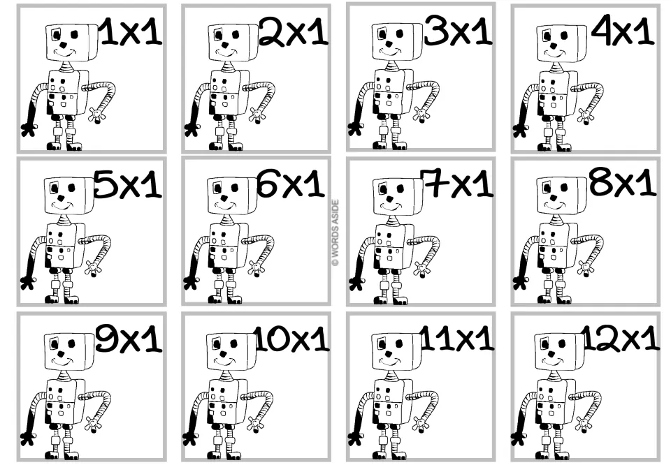 Times 1 facts: 12 cards, each with a smiling boxy robot to color and a fact from 1x1 to 12x1, for multiplication practice
