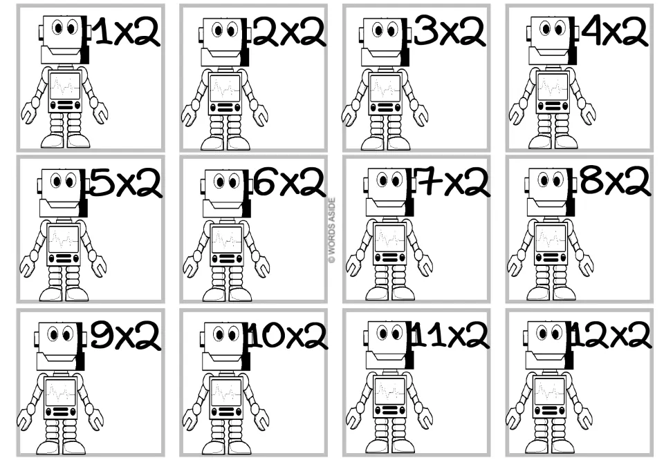 Times 2 facts: 12 cards with a robot that has a screen on its chest to color, each labeled with a fact from 1x2 to 12x2