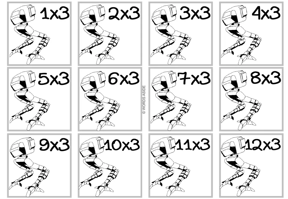 Times 3 facts: 12 cards showing a two-legged walker robot to color, each labeled with a fact from 1x3 up to 12x3
