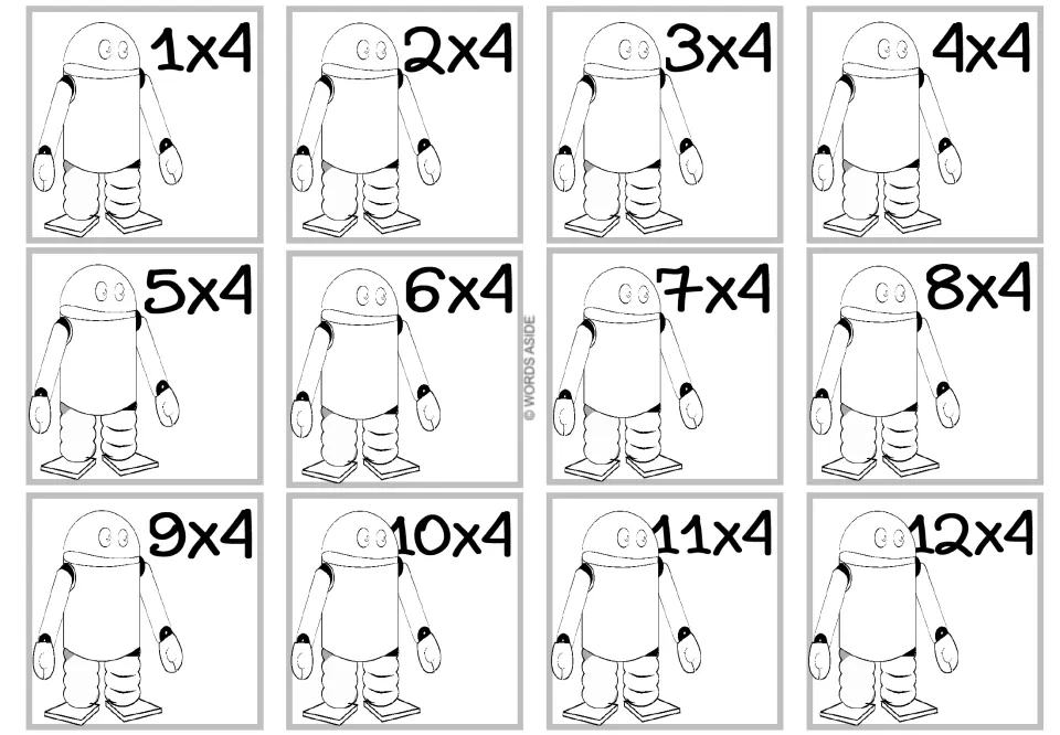 Times 4 facts: 12 cards with a round-headed robot outline to color, each showing one fact from 1x4 through 12x4