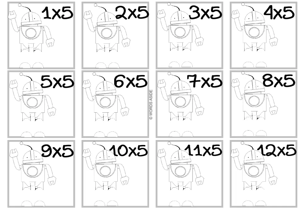 Times 5 facts: 12 cards with a waving robot holding up a claw hand to color, labeled with facts 1x5 to 12x5