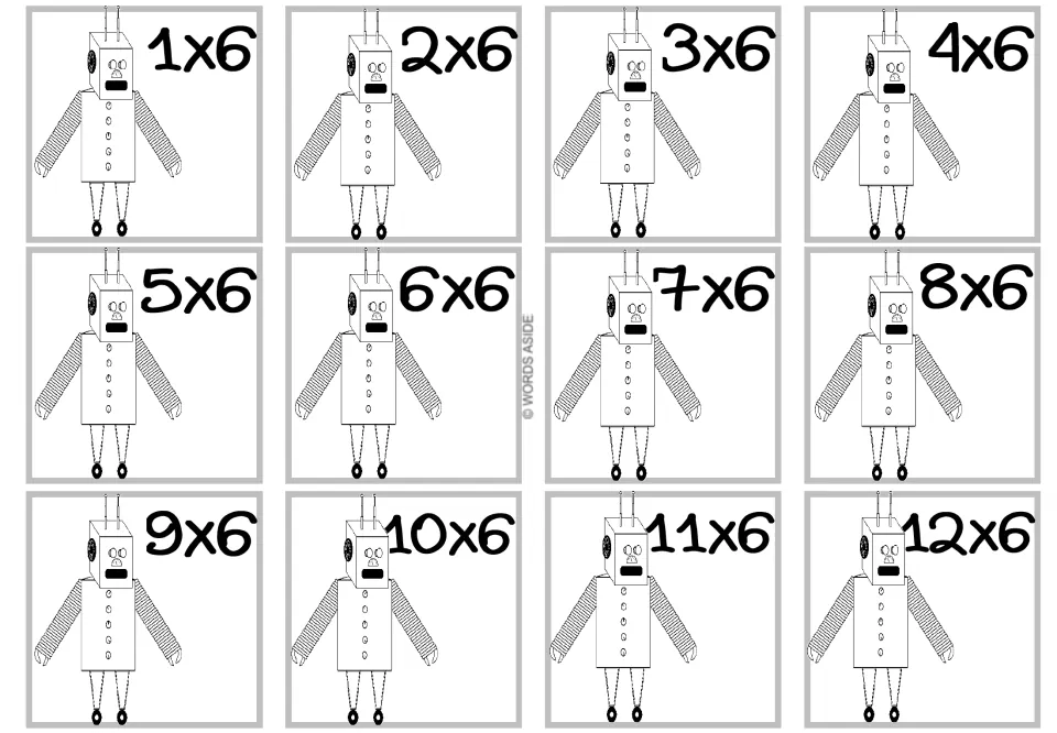 Times 6 facts: 12 cards showing a tall antenna robot with coiled arms to color, each with a fact from 1x6 to 12x6