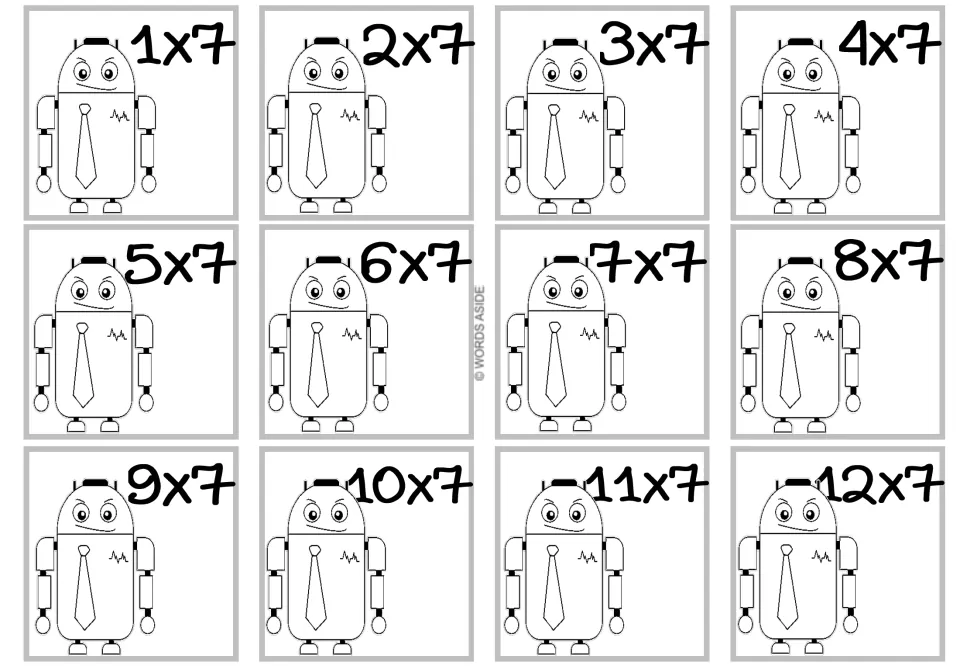 Times 7 facts: 12 cards with a robot wearing a necktie to color, each card labeled with one fact from 1x7 to 12x7