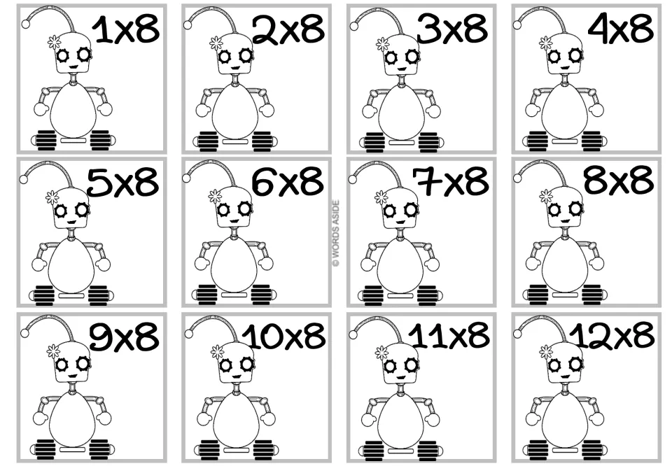 Times 8 facts: 12 cards with a flower-topped robot on tank treads to color, labeled with facts from 1x8 through 12x8