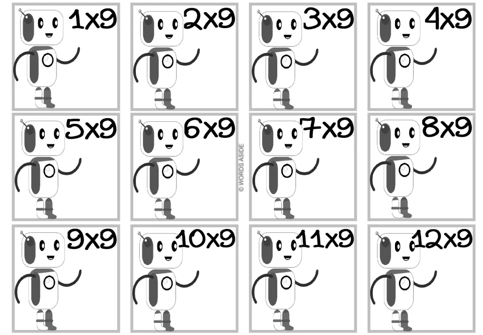 Times 9 facts: 12 cards with a waving cartoon robot partly shaded gray, each showing a fact from 1x9 to 12x9 to color