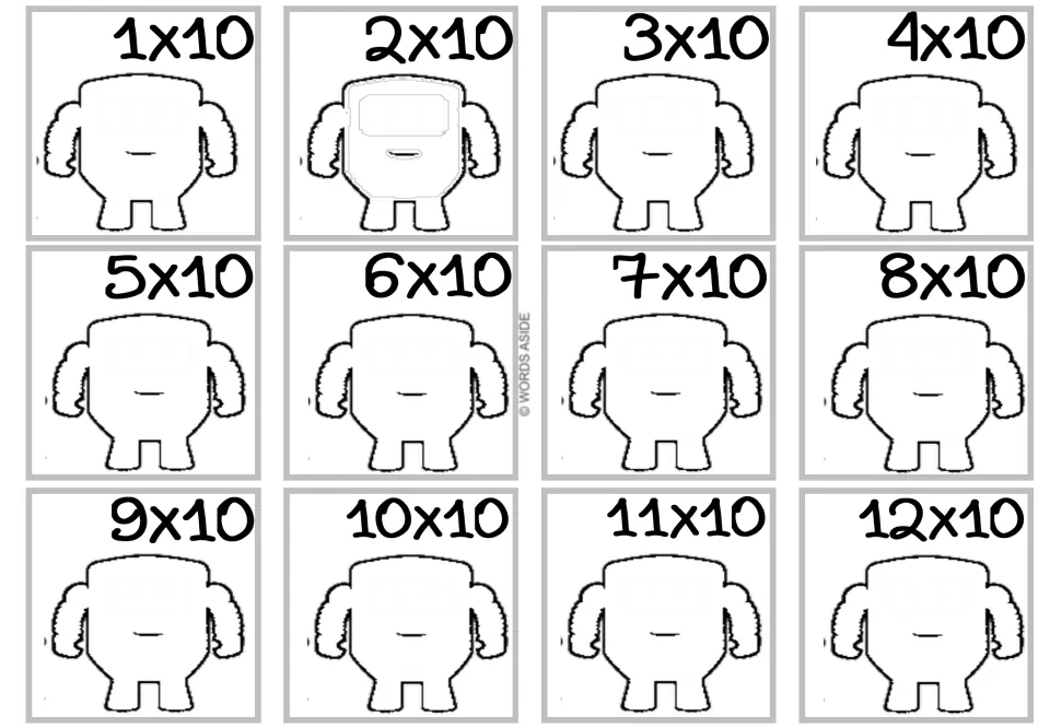 Times 10 facts: 12 cards with a chunky robot outline to color, each labeled with a fact from 1x10 to 12x10