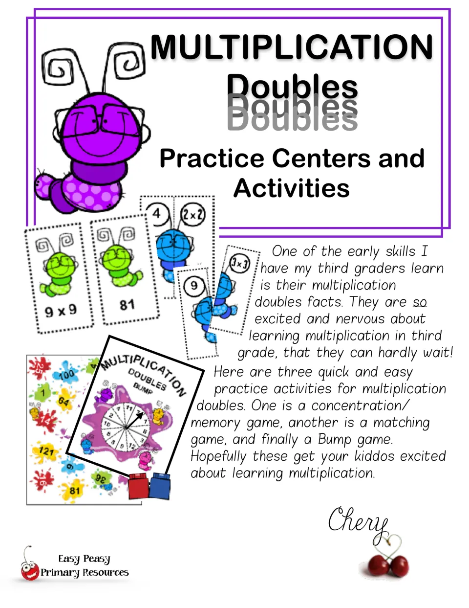 Cover for multiplication doubles centers showing a memory game, matching cards and a Bump spinner board with a teacher note