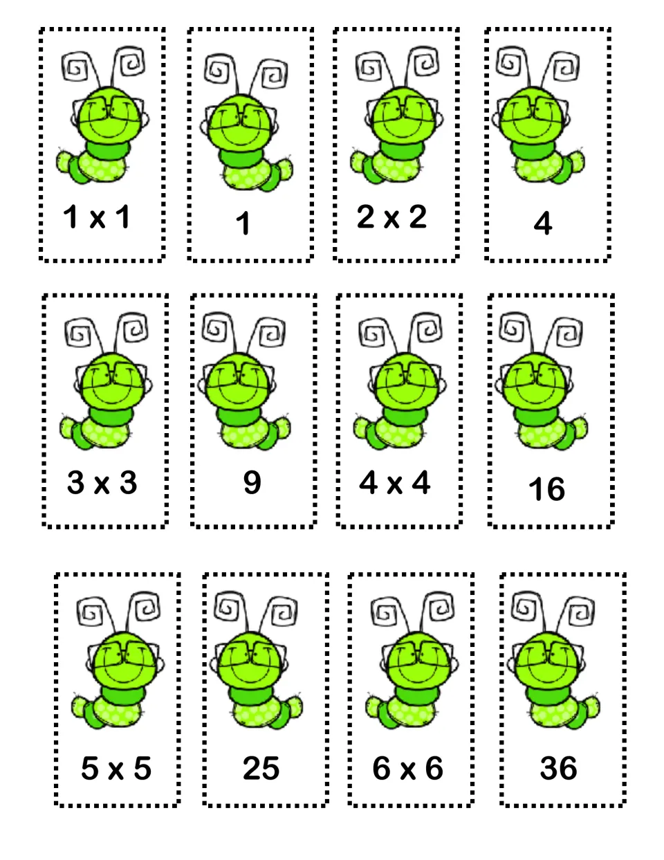 Doubles memory cards: facts 1x1 through 6x6 with separate products 1, 4, 9, 16, 25 and 36 to flip and match in concentration