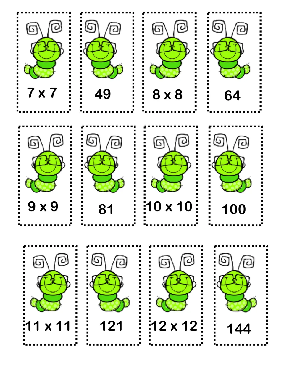 Second set of memory cards: 7x7 through 12x12 facts alongside products 49, 64, 81, 100, 121 and 144 to cut apart