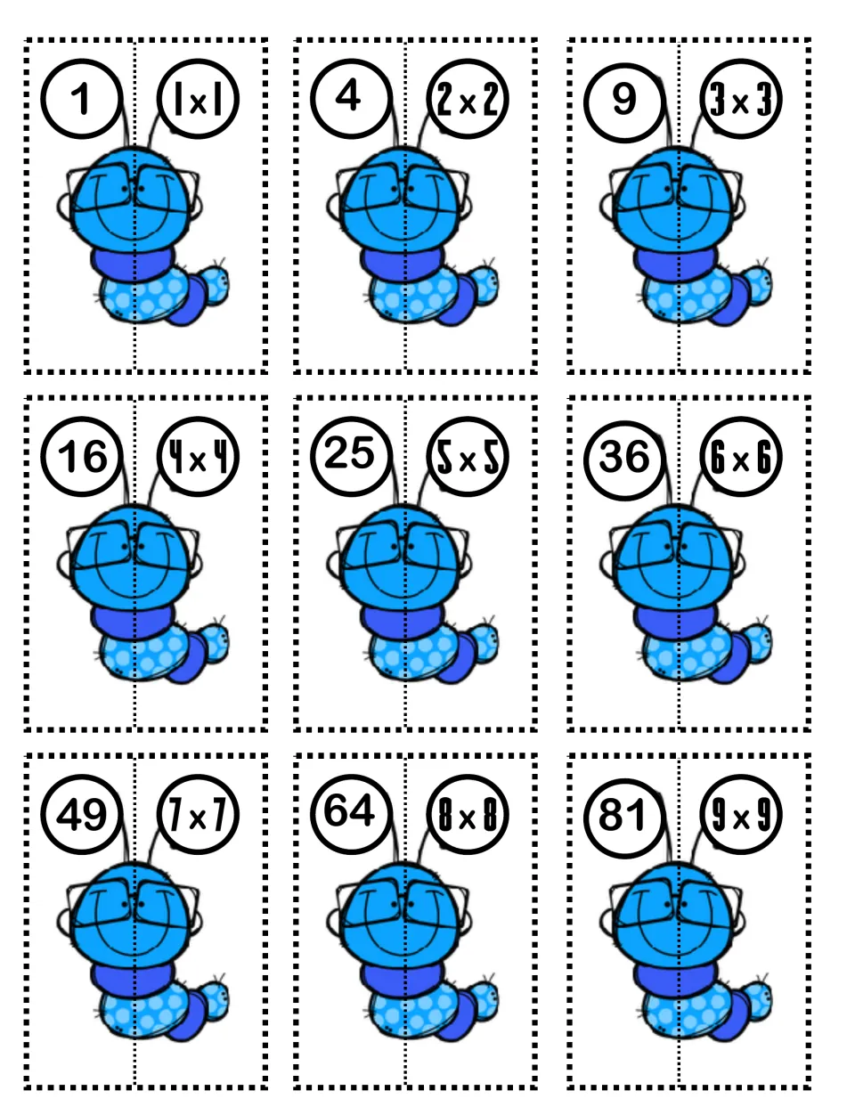Split-worm matching cards: each worm shows a product on one antenna and its doubles fact, 1x1 to 9x9, on the other half