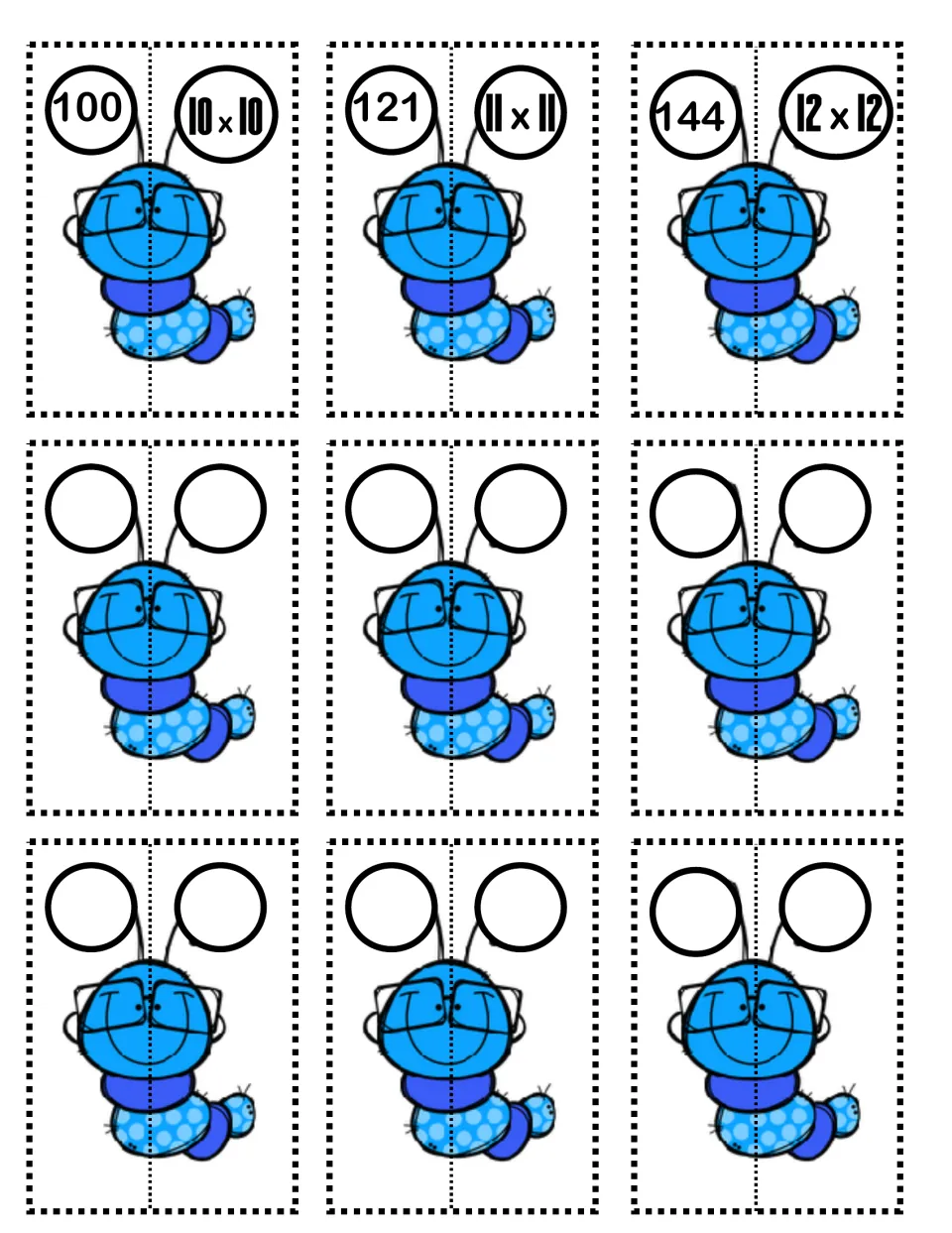 Matching puzzle halves for 10x10, 11x11 and 12x12 with products 100, 121 and 144, plus six blank worms to fill in