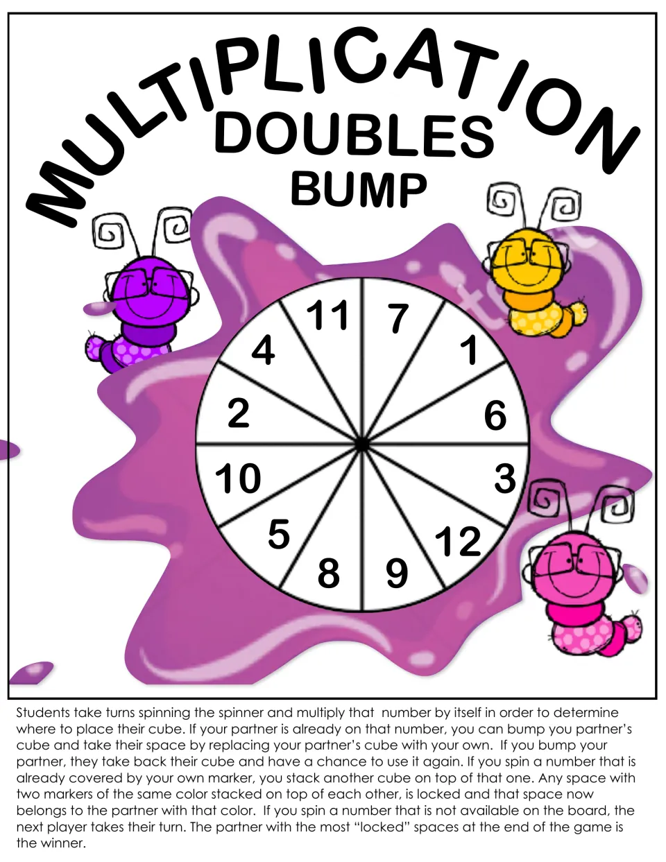 Doubles Bump spinner numbered 1 to 12 with rules: spin, multiply the number by itself and cover or bump that product