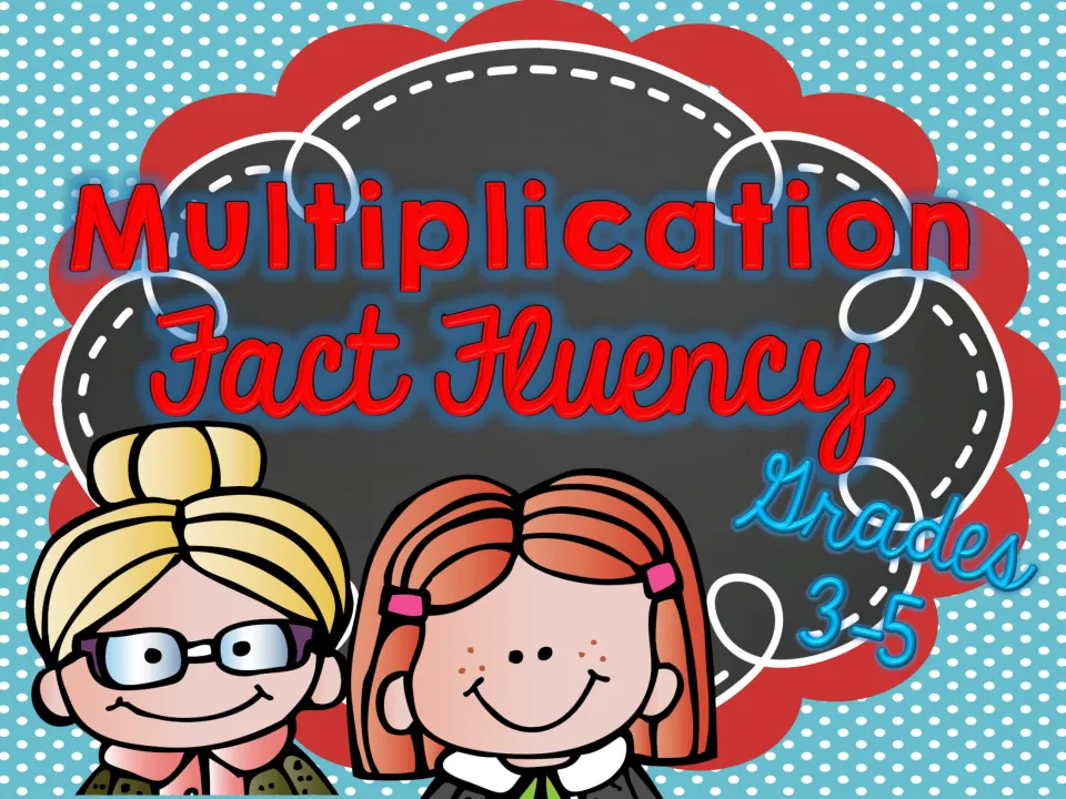 Cover showing the title Multiplication Fact Fluency in red lettering above two smiling cartoon girls