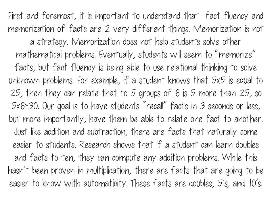 Teacher note on fluency versus memorization: relating 5x5=25 to 5x6=30 and starting with doubles, 5s and 10s
