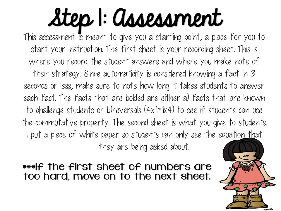 Step 1: Assessment directions: record each answer, strategy and time, with bolded facts marking hard ones and reversals