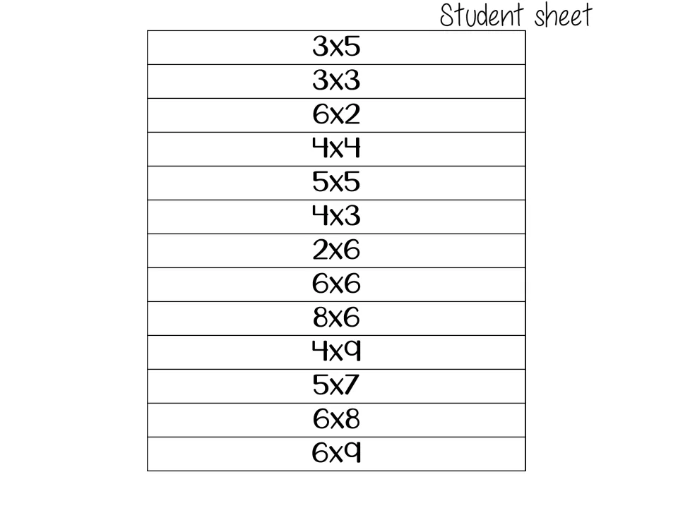 Student sheet listing 13 multiplication facts, 3x5 through 6x9, for a student to answer one at a time