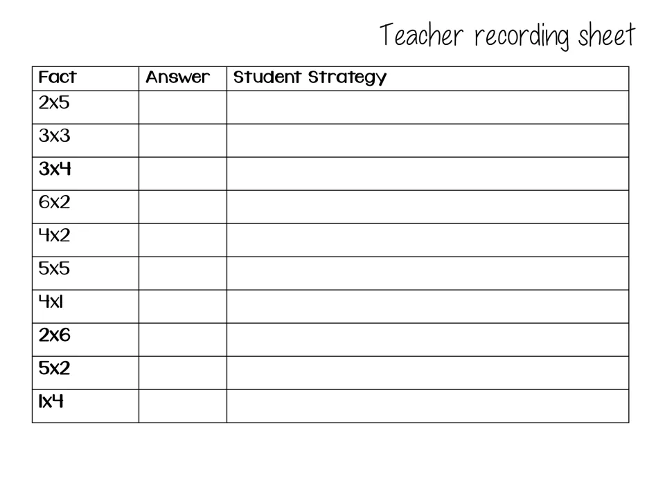 Easier teacher recording sheet for 10 facts from 2x5 to 1x4, including reversals 4x1 and 1x4, with answer and strategy