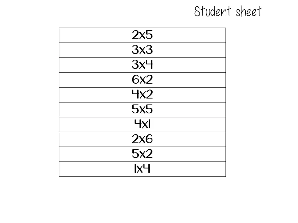 Easier student sheet of 10 facts, 2x5 through 1x4, including the reversal pair 4x1 and 1x4 to check commutativity
