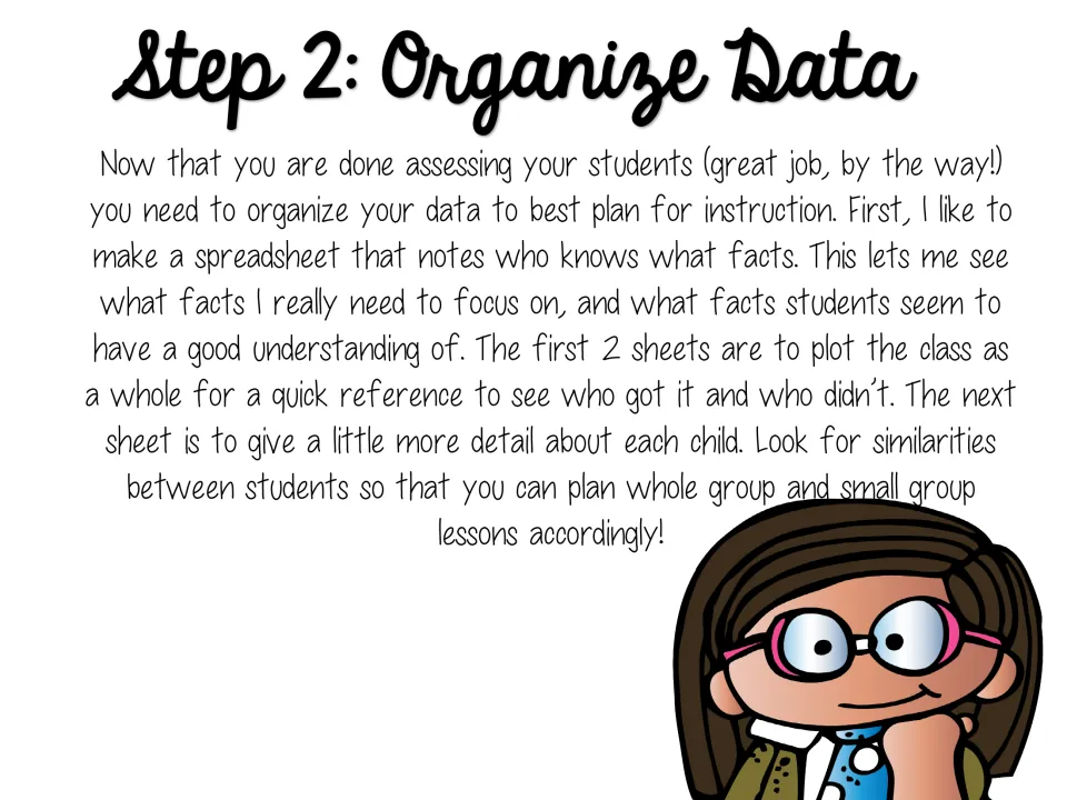 Step 2: Organize Data directions: chart which students know which facts to plan whole-group and small-group lessons