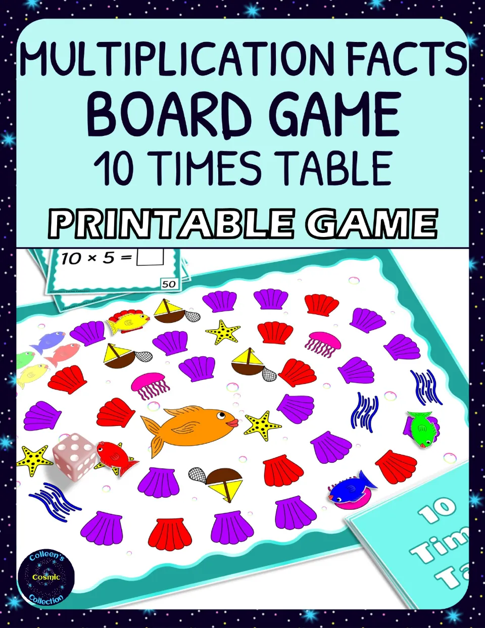 Cover of a 10 times table board game: an ocean spiral board of shells, a dice and a question card reading 10 x 5 = 50