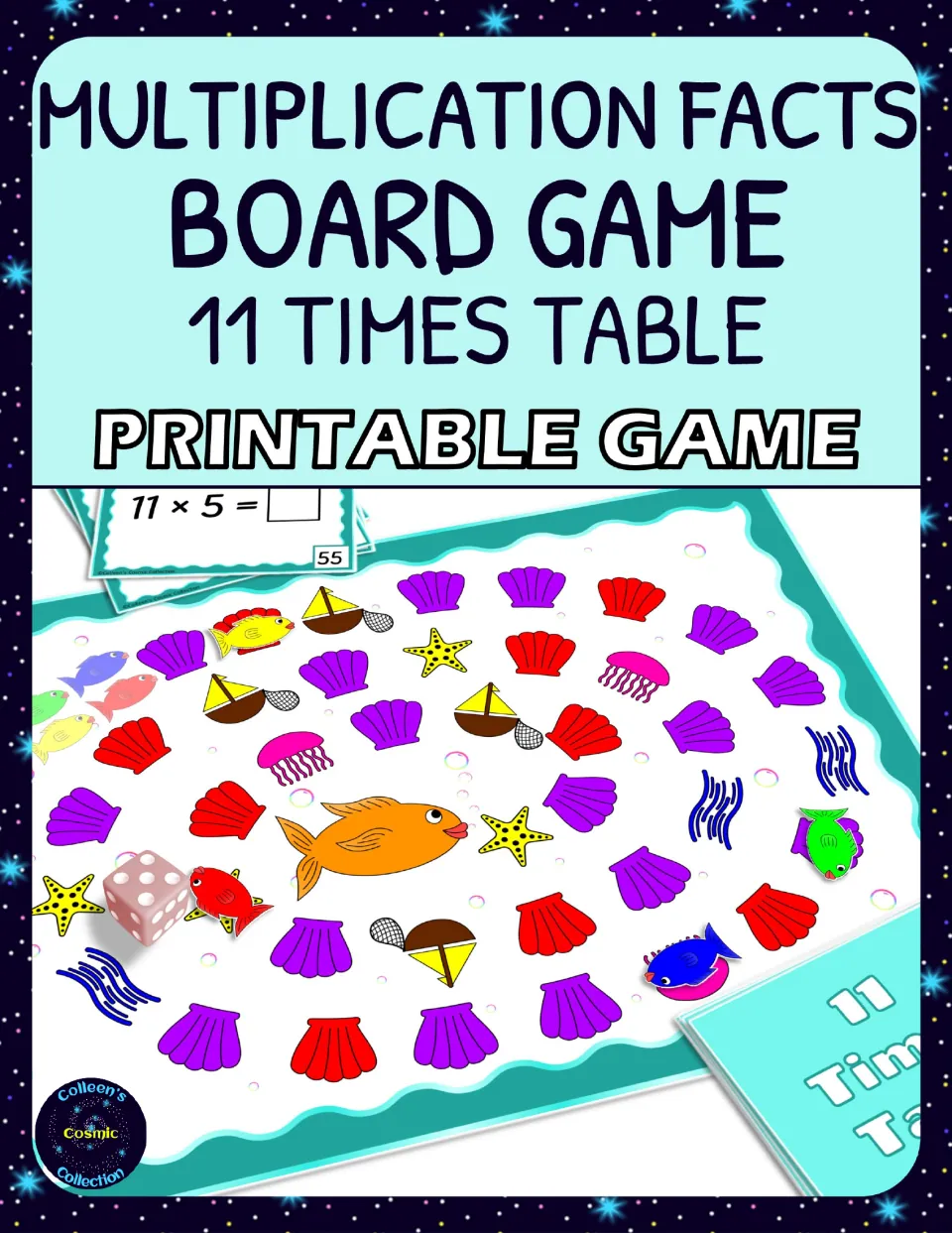 Cover for an 11 times table board game: ocean spiral board with shells, fish pieces, a die and 11 x 5 question cards